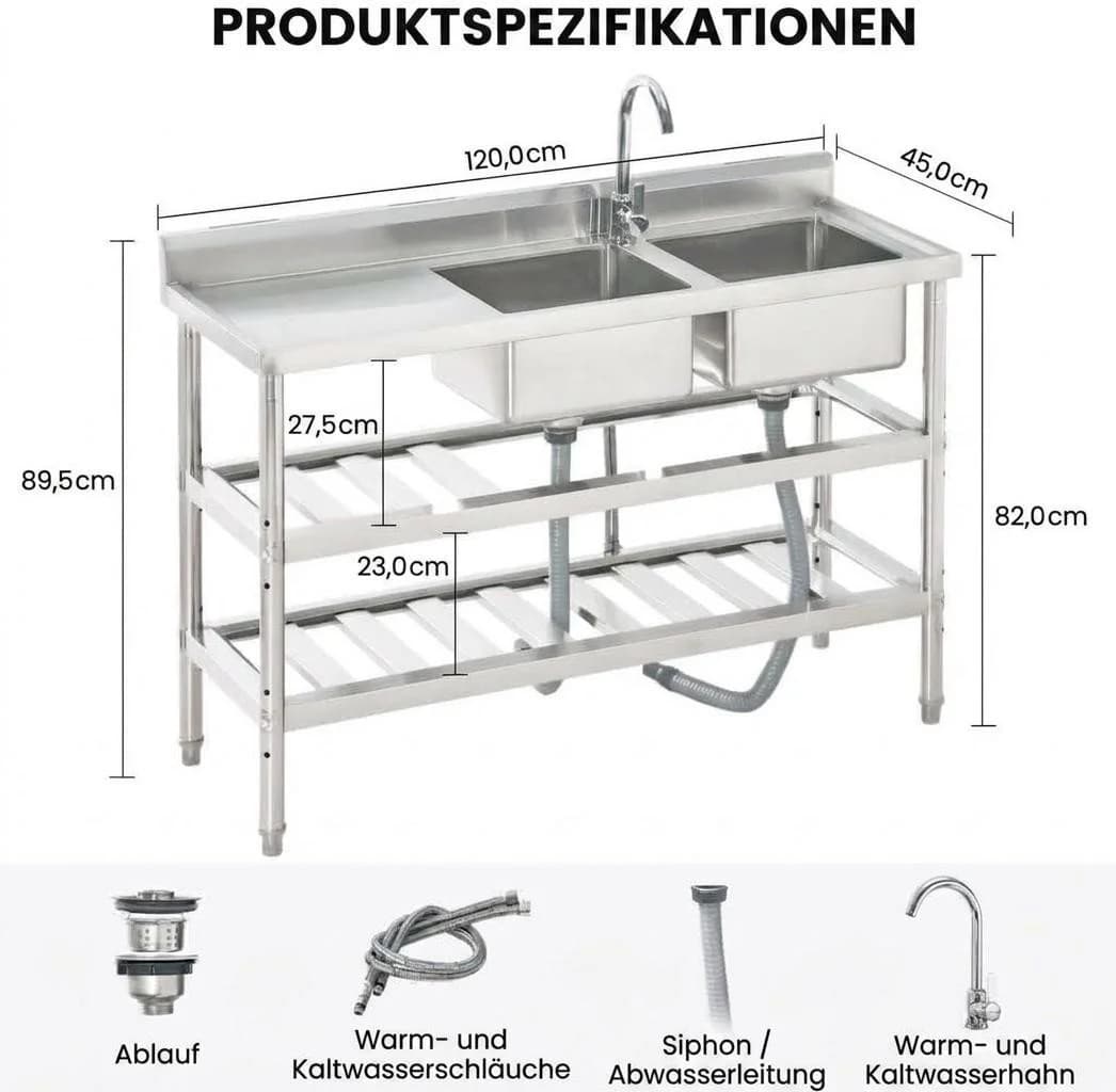 GarveeMore Freistehende Küchenspüle 2 Becken Edelstahl mit Wasserhahn