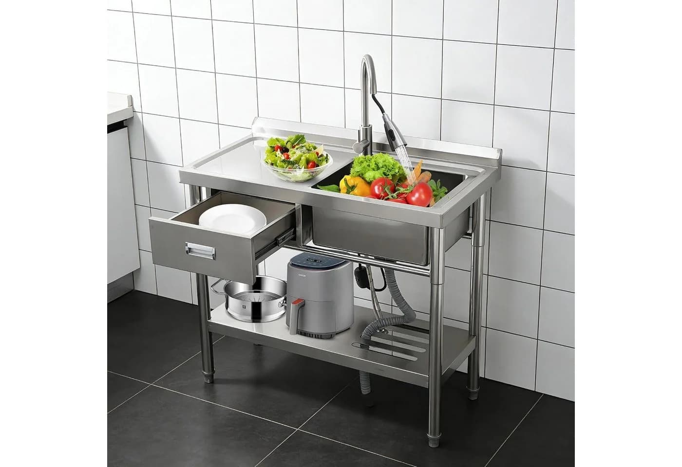 GarveeMore Freistehende Küchenspüle Edelstahl 99x36x84cm mit Wasserhahn