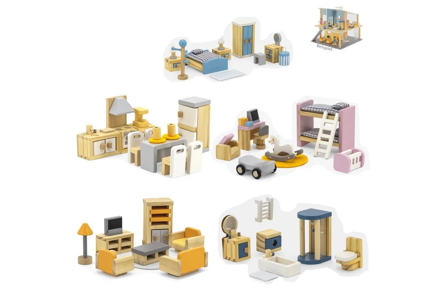 TikTakToo Puppenhausmöbel Komplettset 5 Zimmer für Biegepüppchen