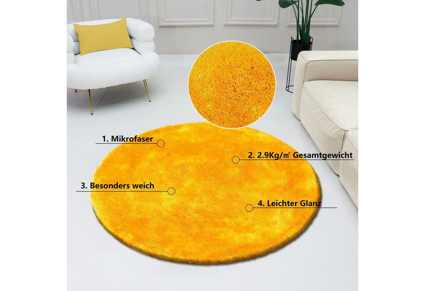 Bruno Banani Hochflor-Teppich Dana Gelb Rund 140cm Uni