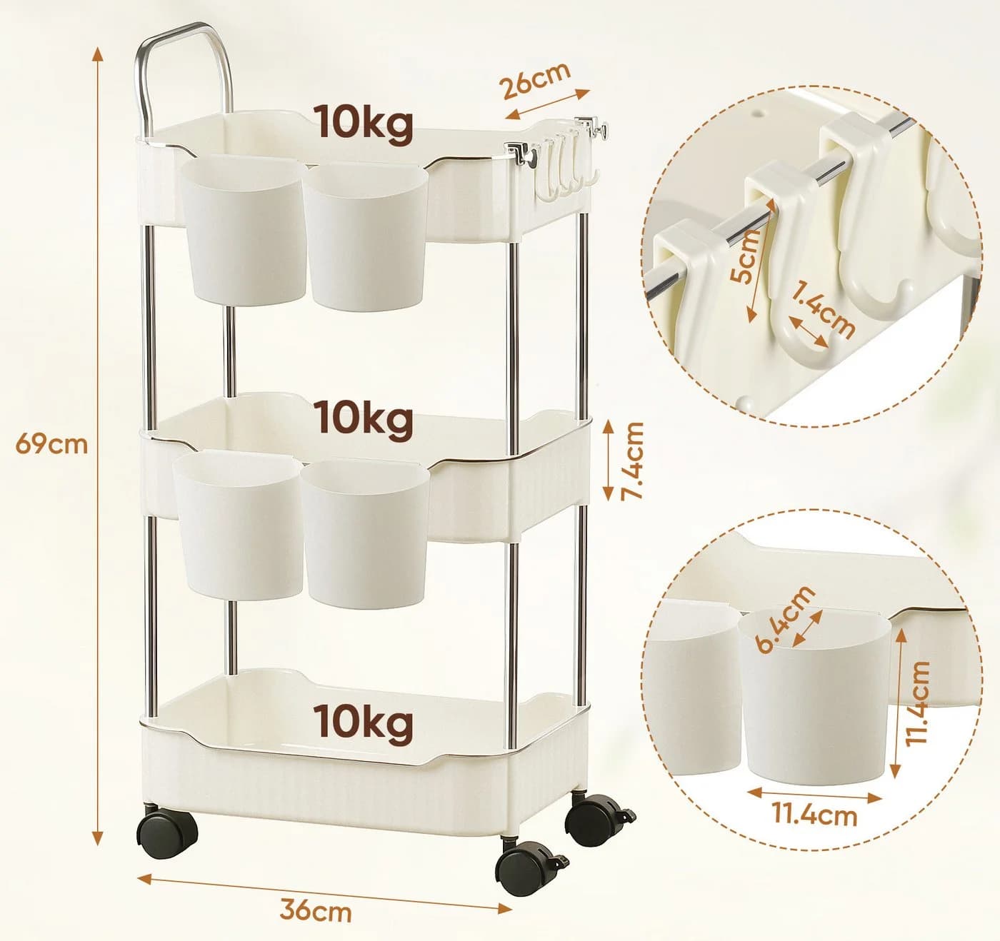 ElitVita Beistellwagen 3 Ebenen Beige mit Rollen & Haltern