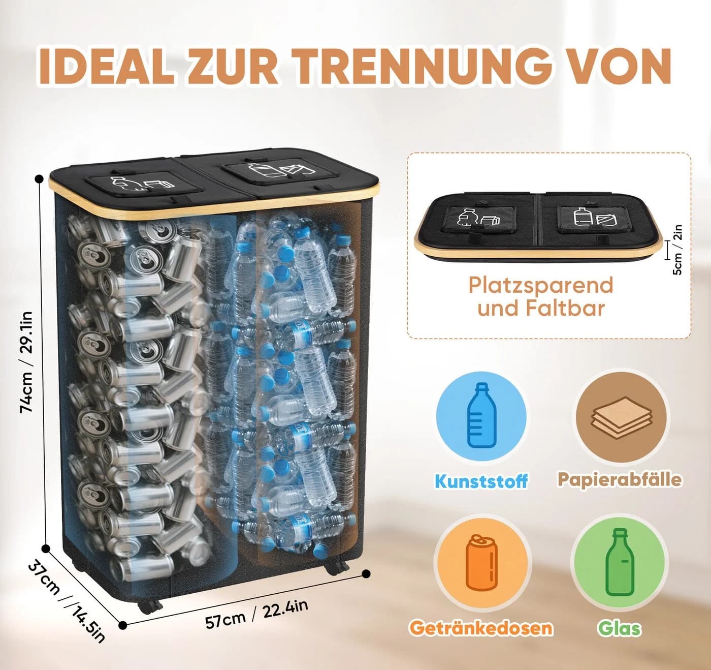 ElitVita Flaschensammler 160L Schwarz 2 Fächer mit Rollen