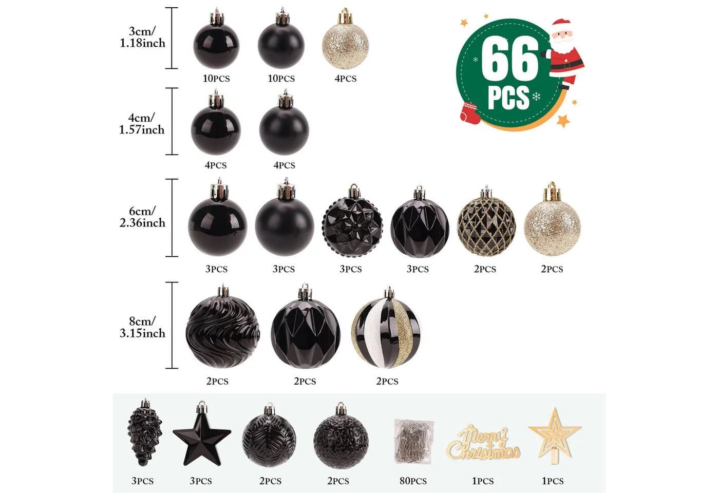 ElitVita Weihnachtskugeln Set 66-tlg Schwarz Gold PS-Kunststoff