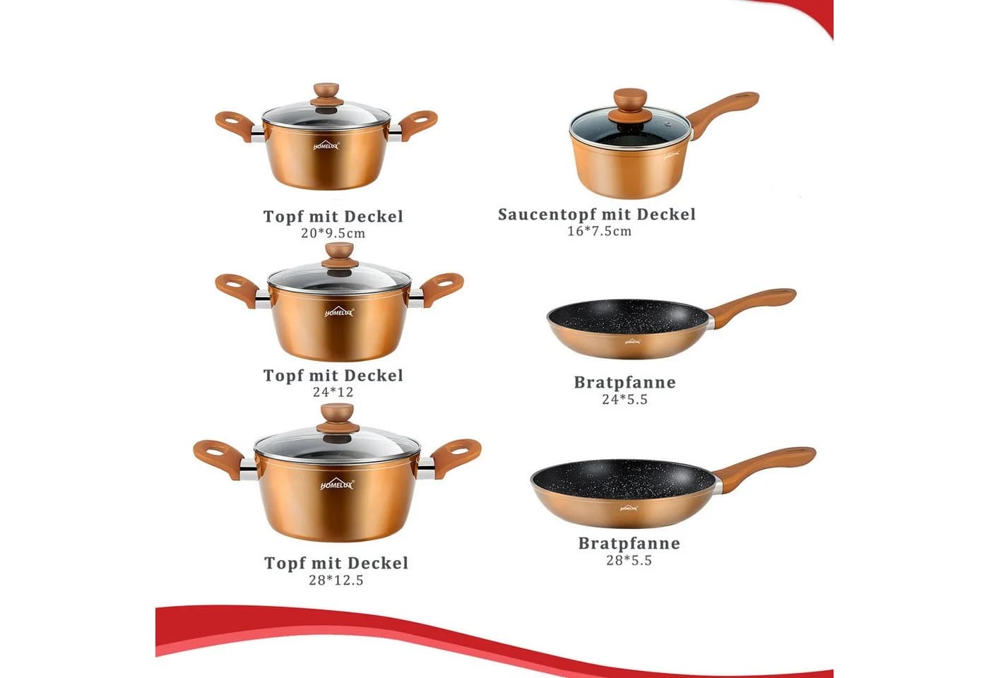 HOMELUX Topf-Set 10-tlg. Induktion Aluminiumguss Gold Antihaft
