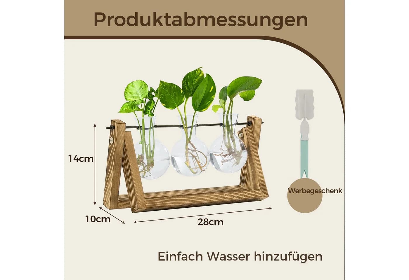 Bamworld Hydrokultur-Station mit Holzständer & 3 Glasvasen