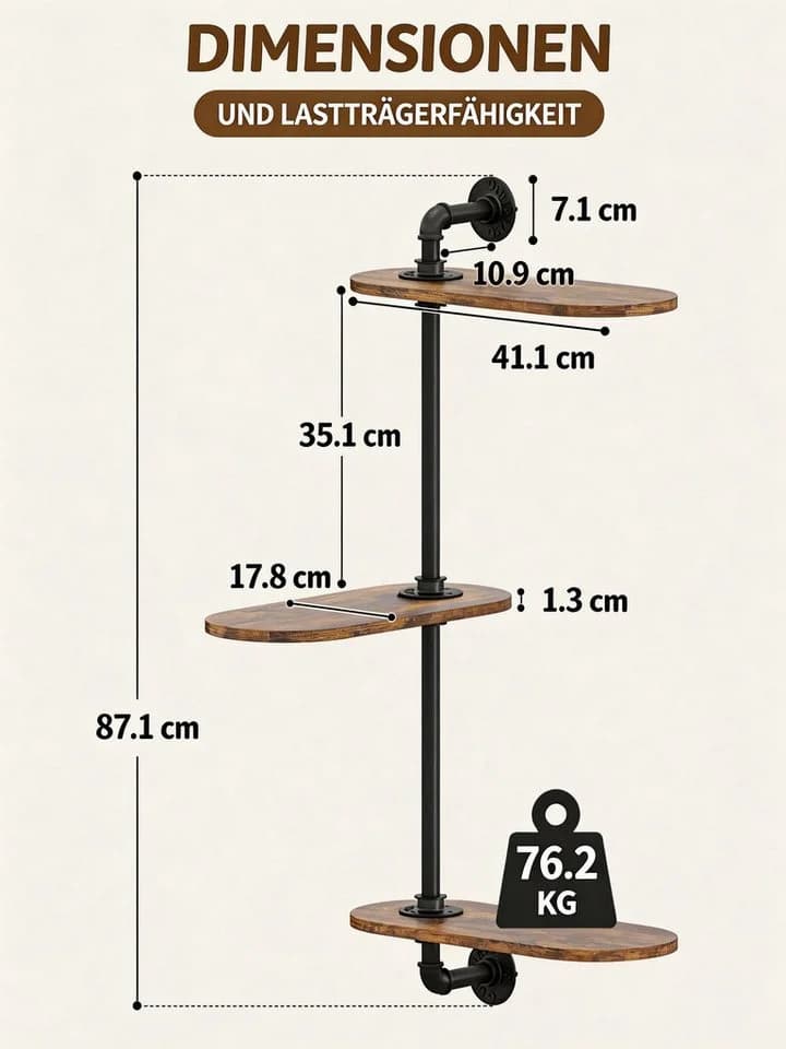 Bamworld 3-stufiges drehbares Wandpflanzenregal Industrie Design Holz Metall