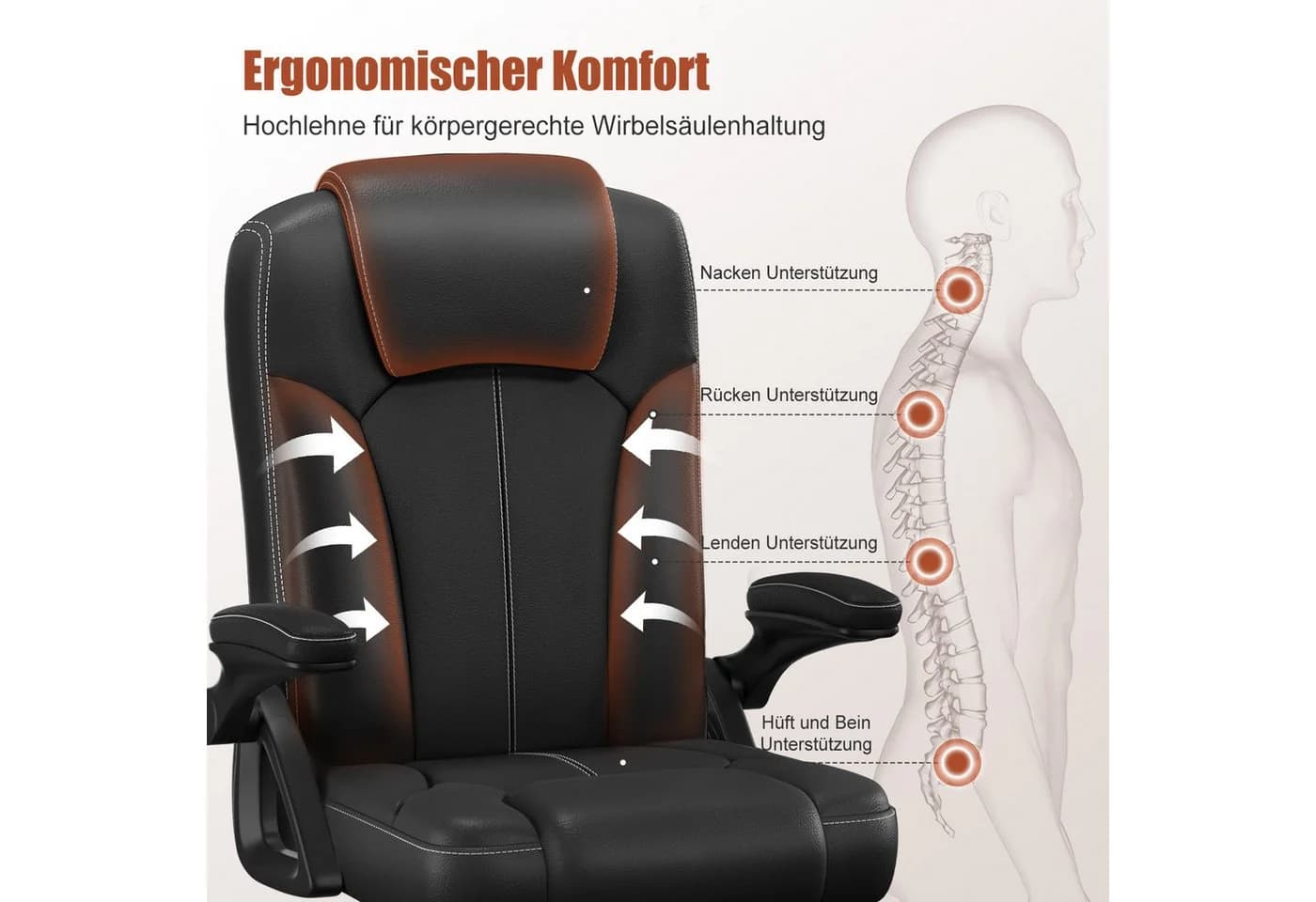 Homimaster Bürostuhl Ergonomisch mit Klapparmlehnen & Neigungsfunktion Schwarz