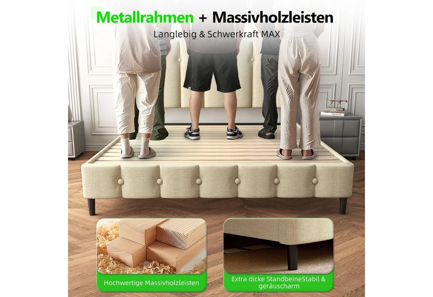 Lexzurn Polsterbett 140x200 cm mit Lattenrost und gepolstertem Kopfteil