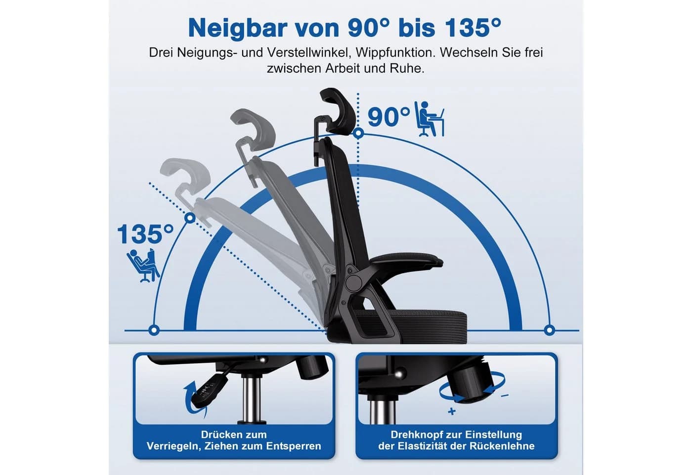 Adormii Ergonomischer Bürostuhl Schwarz mit Klapparmlehnen
