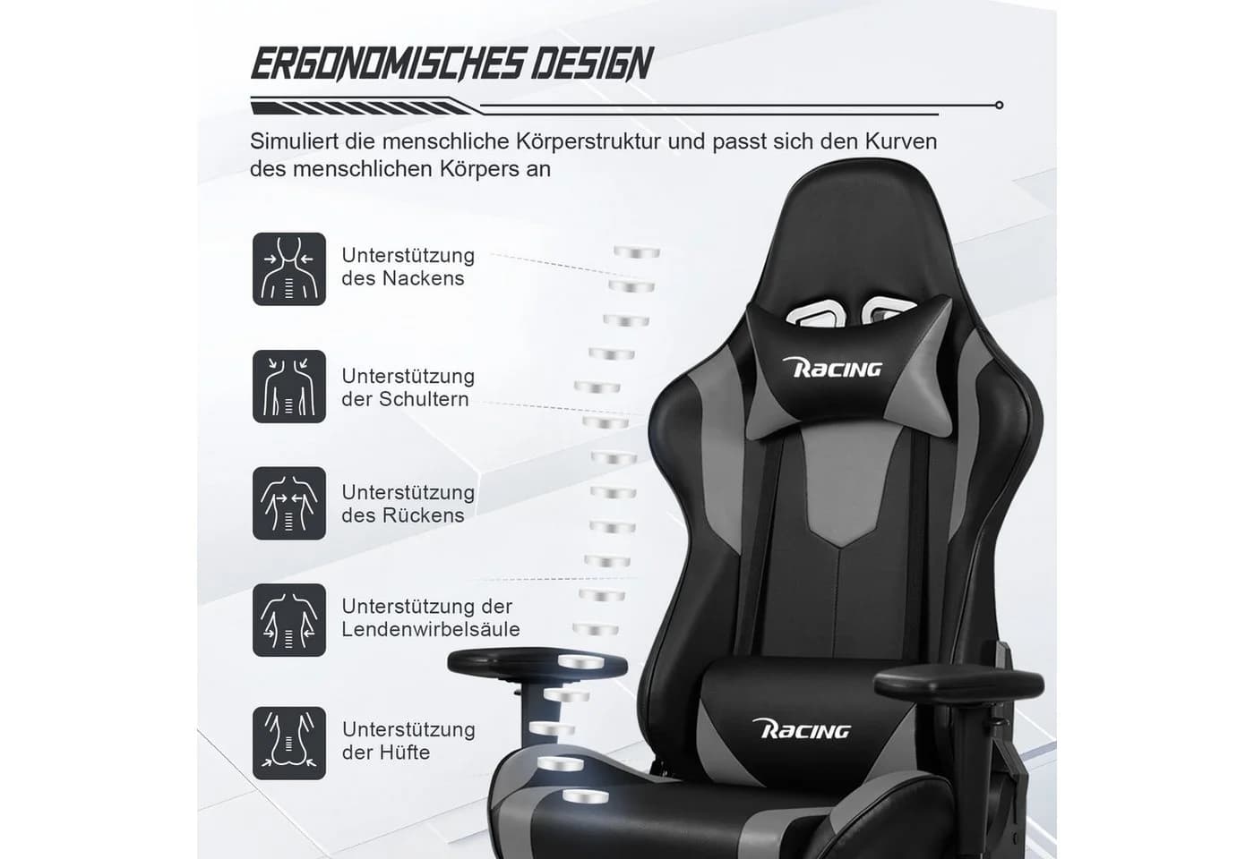 Homimaster Gaming-Stuhl Grau Ergonomisch mit Lendenkissen