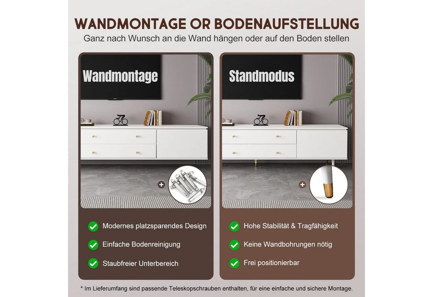 Lexzurn TV-Schrank Hängend 175cm Lowboard Weiß/Beige/Grau