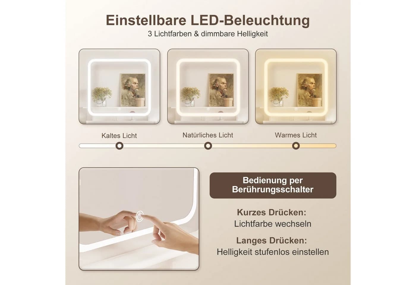 Lexzurn Schminktisch mit LED-Spiegel, 4 Schubladen, Kosmetiktisch