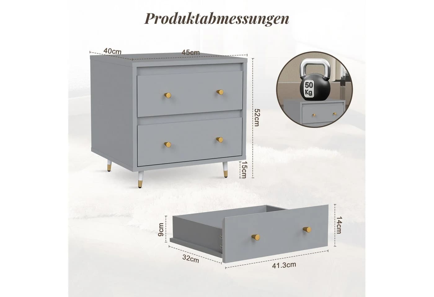 Lexzurn Nachttisch mit 2 Schubladen Weiß/Grau Modern