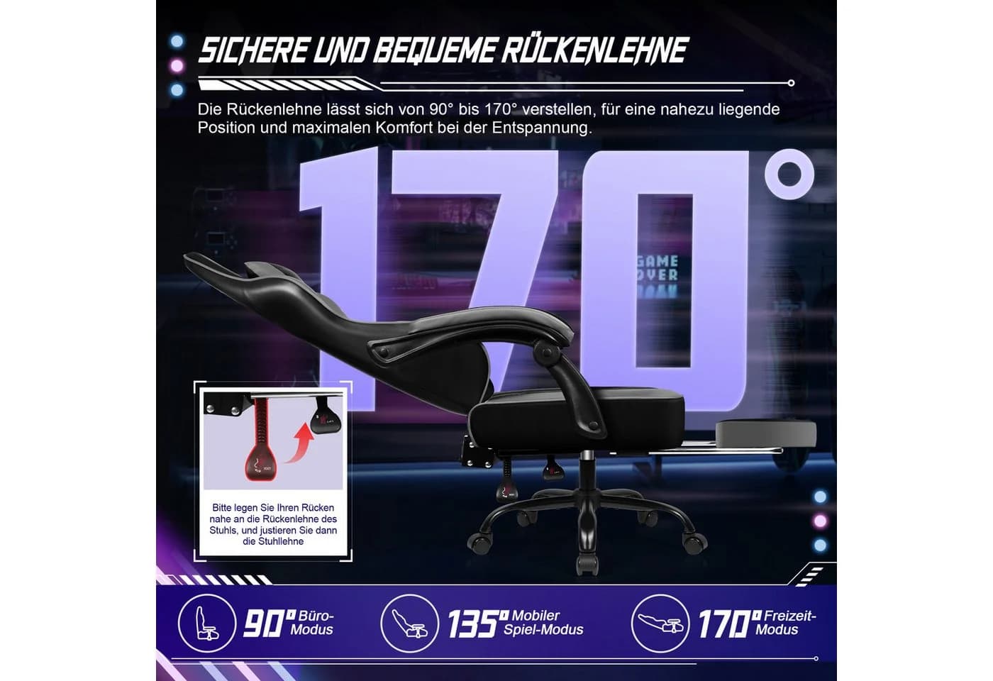 Homimaster Gaming-Stuhl Grau mit 170° Rückenlehne und Fußstütze