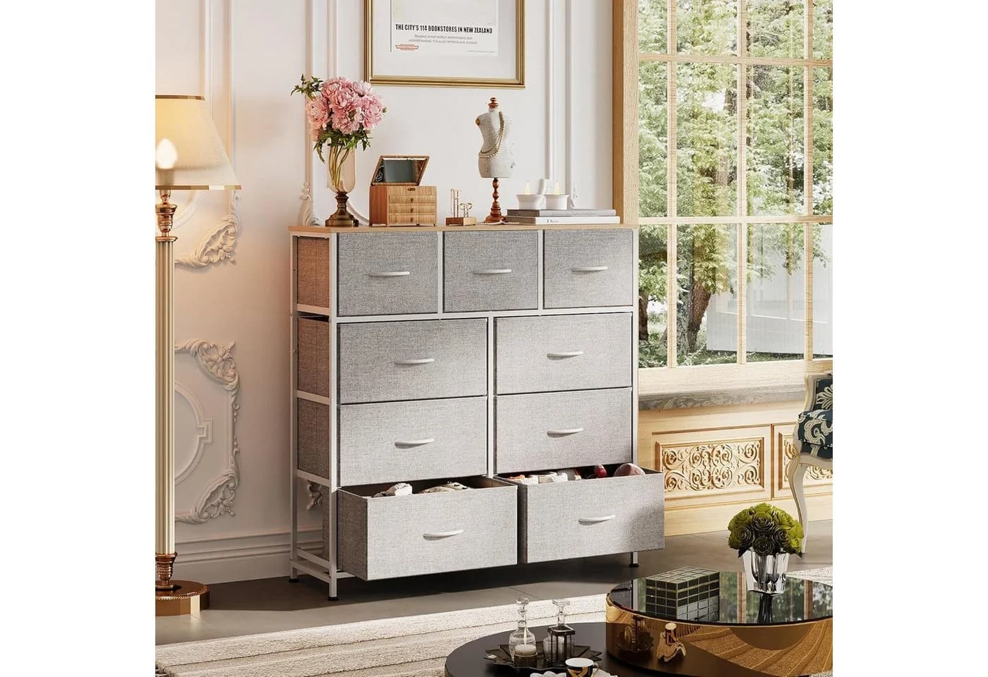 WLIVE Kommode 9 Stoffschubladen Vintagebraun-Schwarz Modernes Sideboard