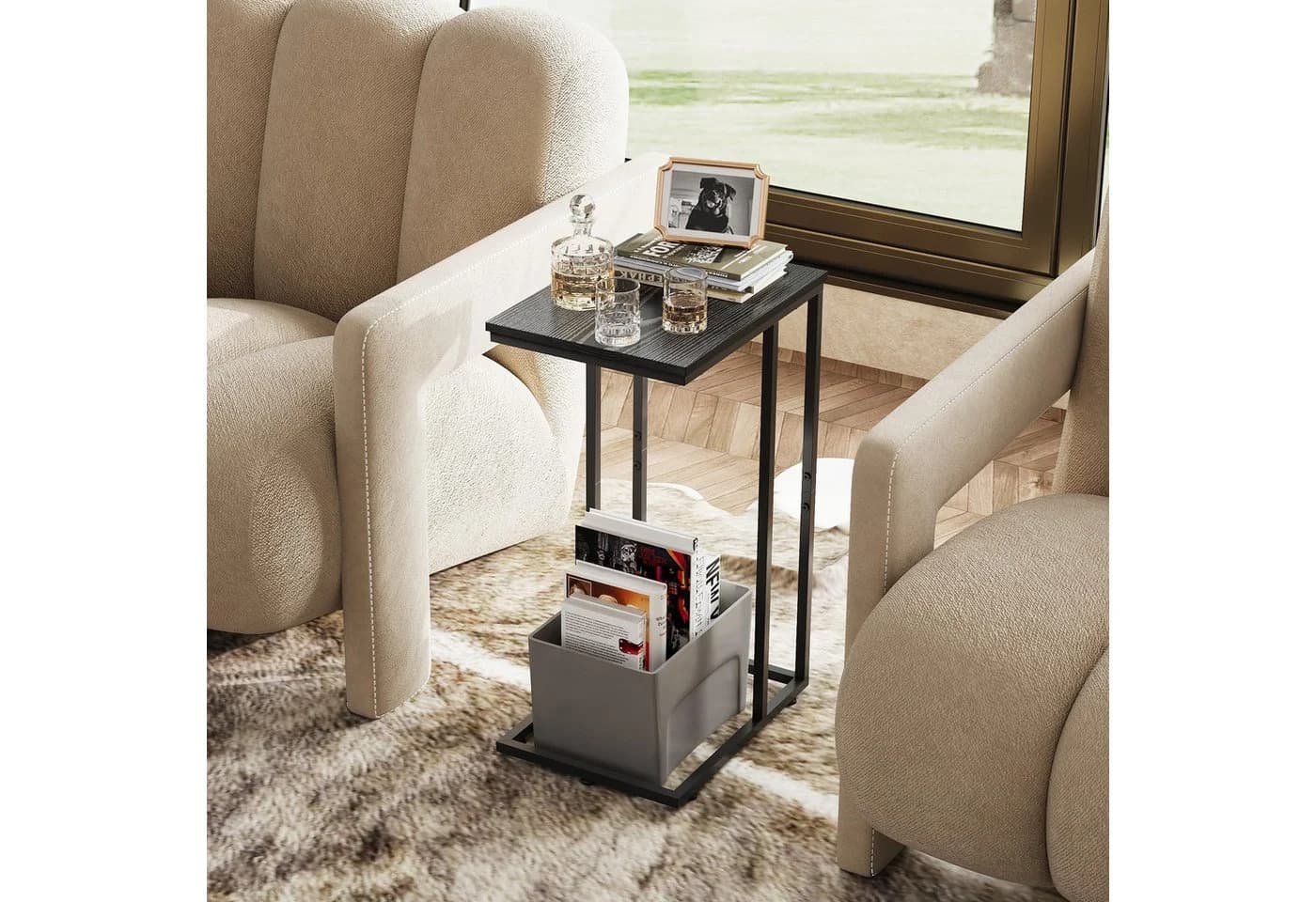WLIVE C-Form Beistelltisch Schwarz Braun Modern Metallrahmen
