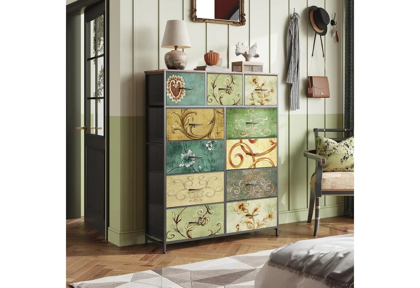 WLIVE Kommode 11 Schubladen Boho Vintage Holzoptik Stoff