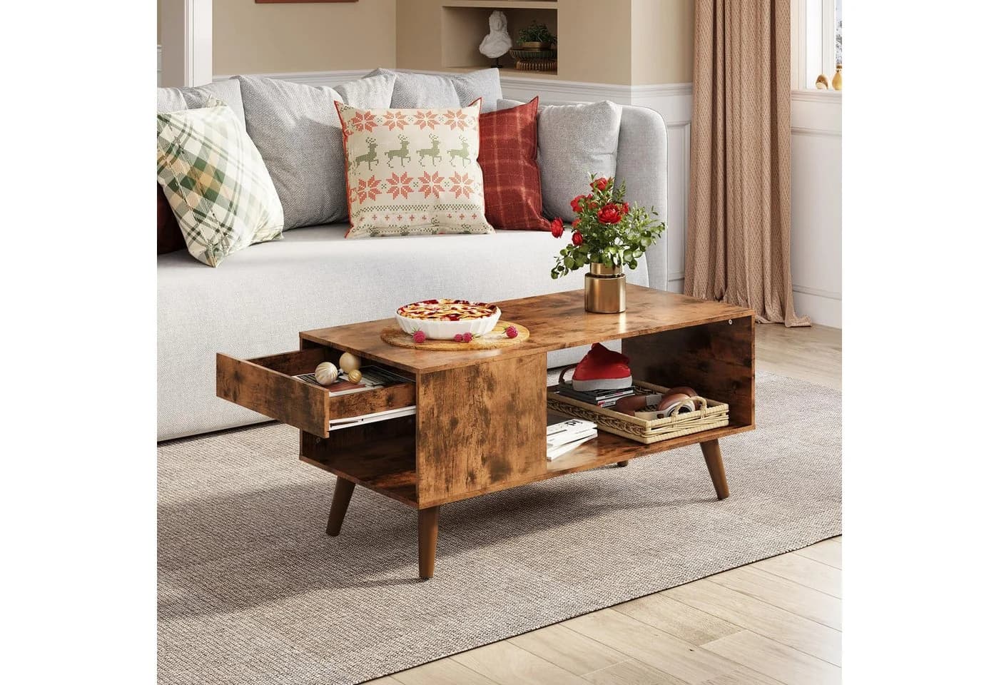 WLIVE Couchtisch mit Stauraum Holzoptik Retro Mid-Century Braun