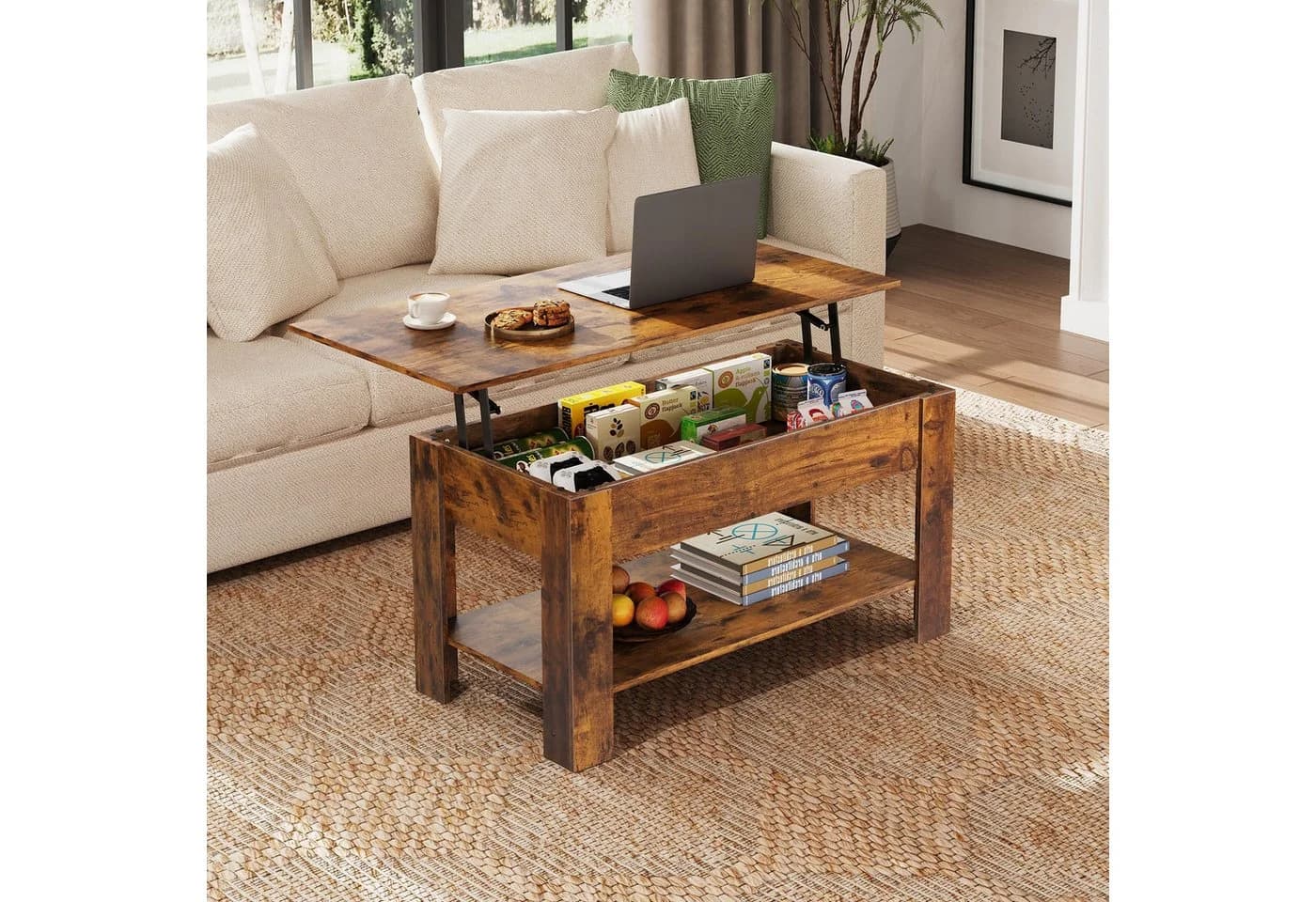 WLIVE Höhenverstellbarer Couchtisch Holz Braun Schwarz mit Stauraum
