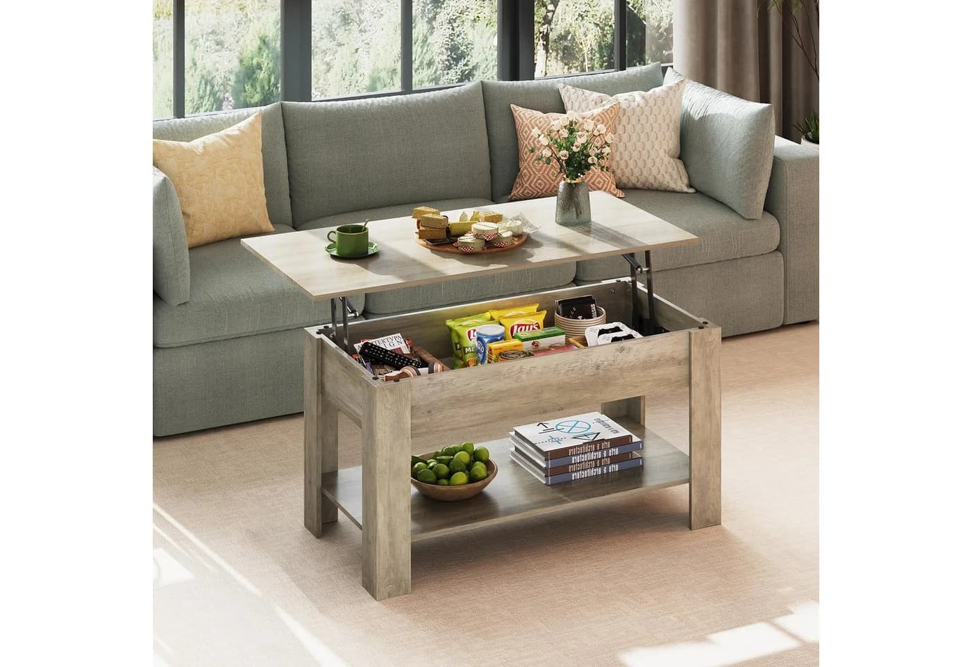 WLIVE Höhenverstellbarer Couchtisch Holz Braun Schwarz mit Stauraum