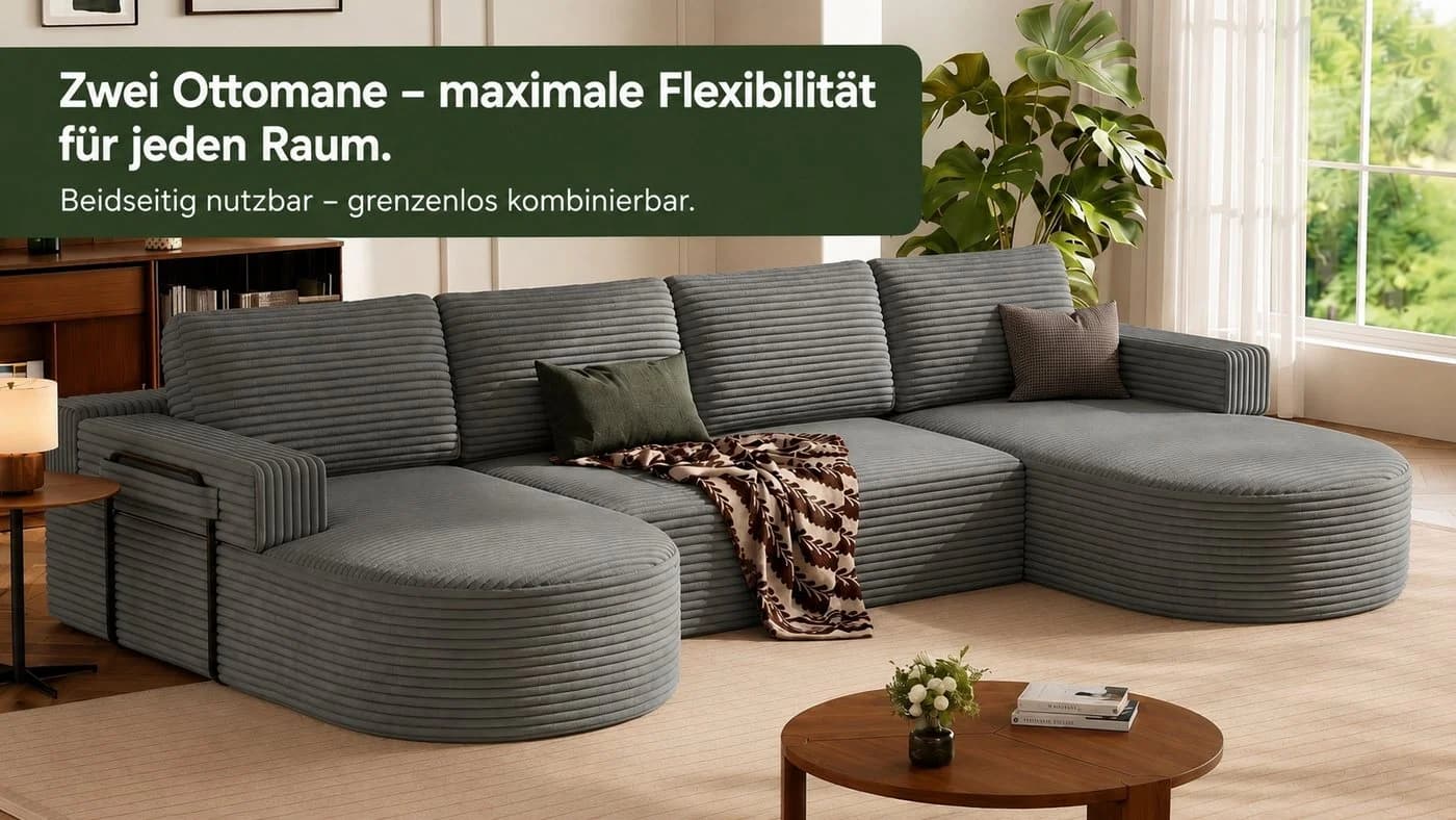 Patbrela Ecksofa Cord U-Form mit 2 Chaise Longue Grau