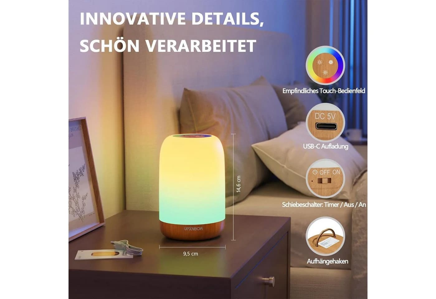 Luckice LED Nachtlicht Touch Dimmbar 256 RGB Farben Holzmaserung