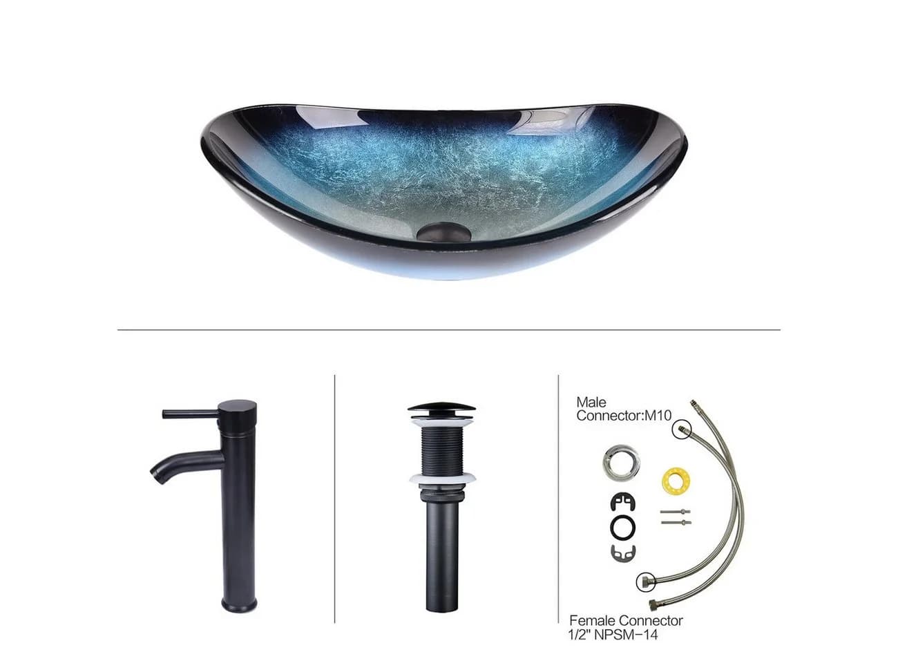 Puluomis Aufsatzwaschbecken Set mit Wasserhahn Oval Blau Glas