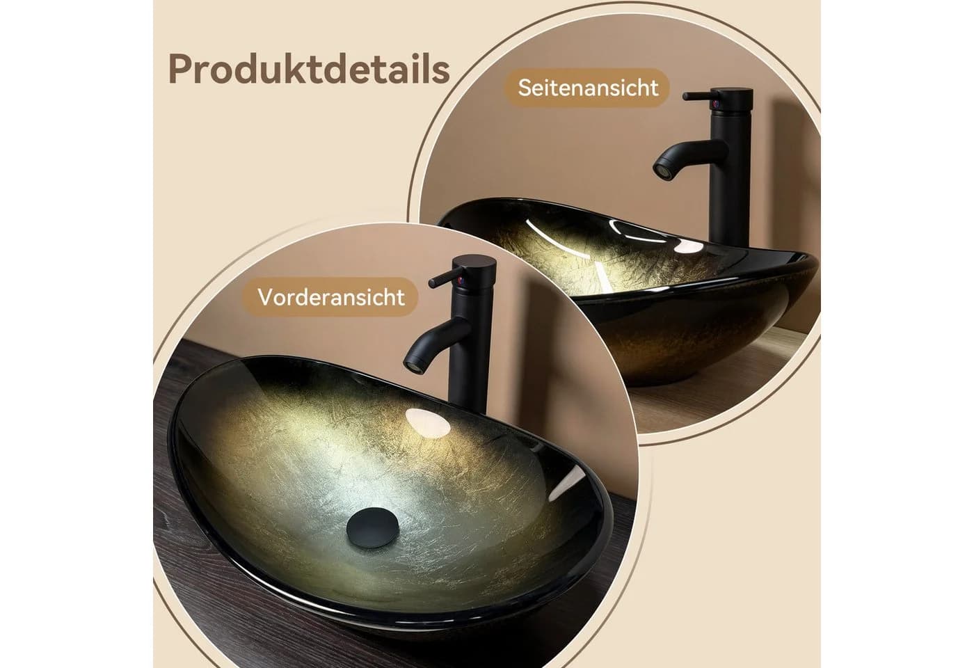 Puluomis Aufsatzwaschbecken Set mit Wasserhahn Oval Glas Gold/Schwarz