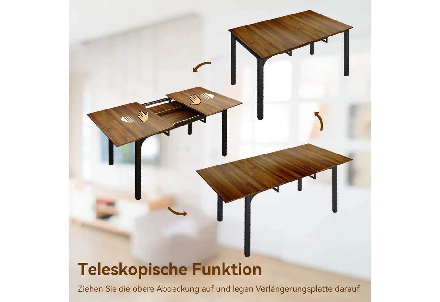 Puluomis Esstisch ausziehbar 110-149 cm schwarzbraun mit Stauraum