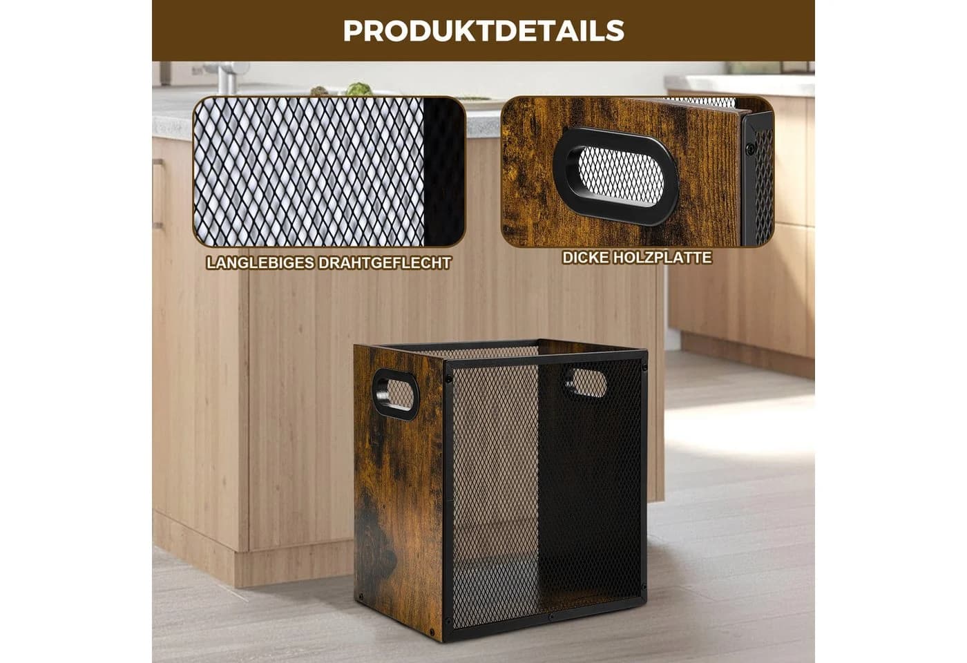 PRIISF Papierkorb Retro Metallgitter Massivholz 17L Braun