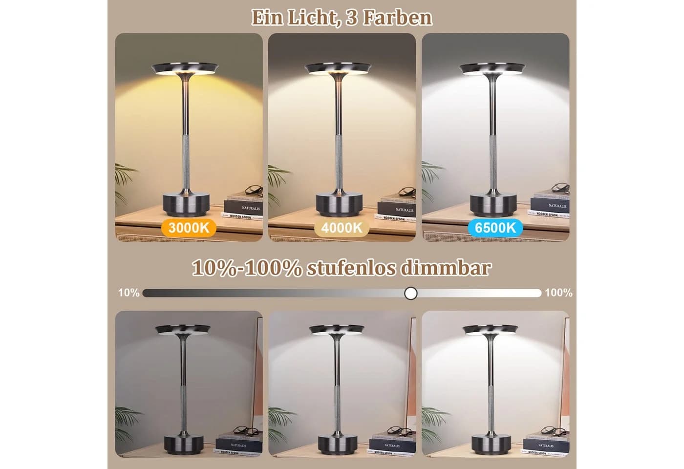 Lapalife Nachttischlampe LED Tischlampe Kabellos Akku Dimmbar 3 Farbtemperatur Grau