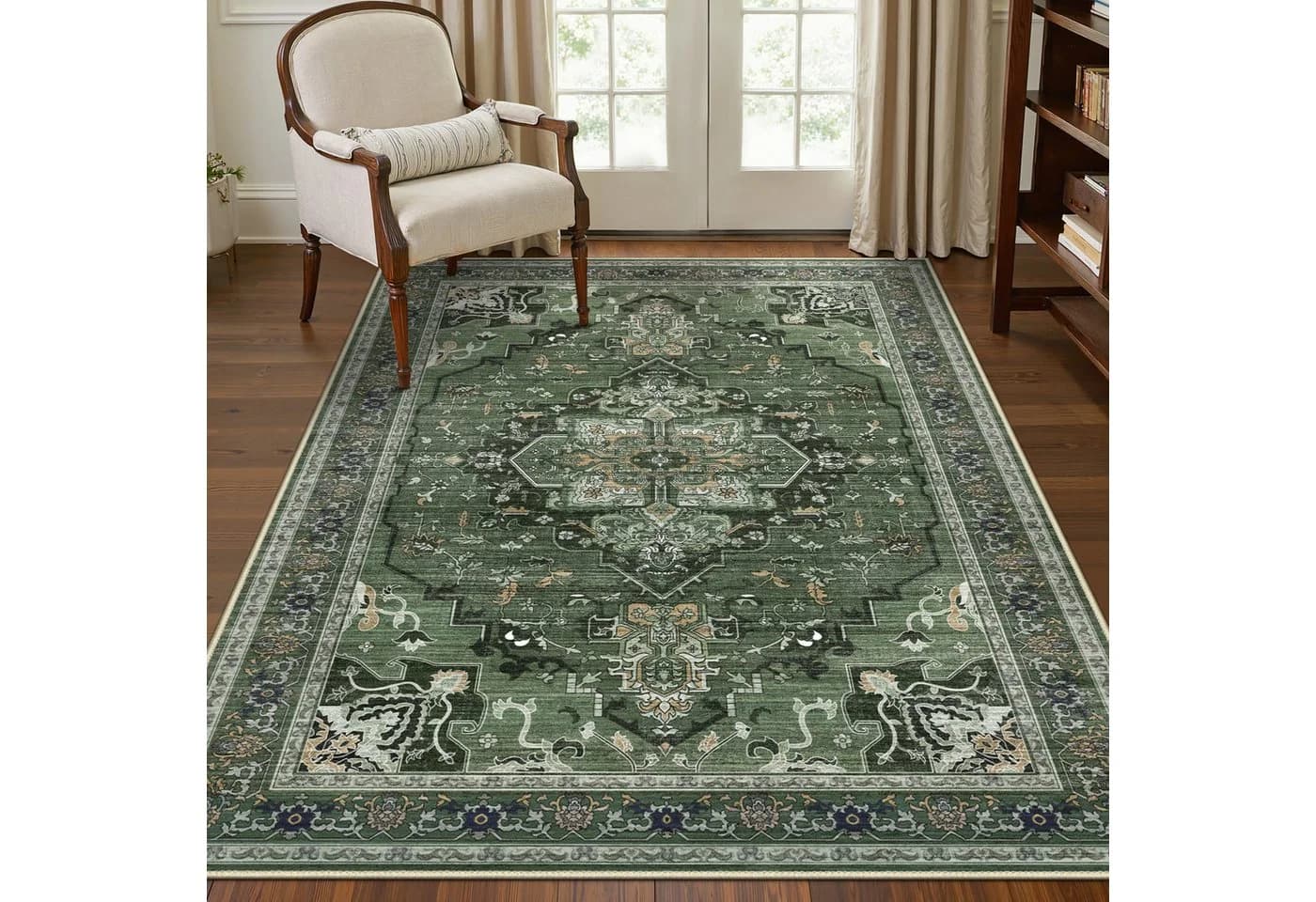 GENIMO Teppich Dunkelgrün Boho Vintage Kurzflor