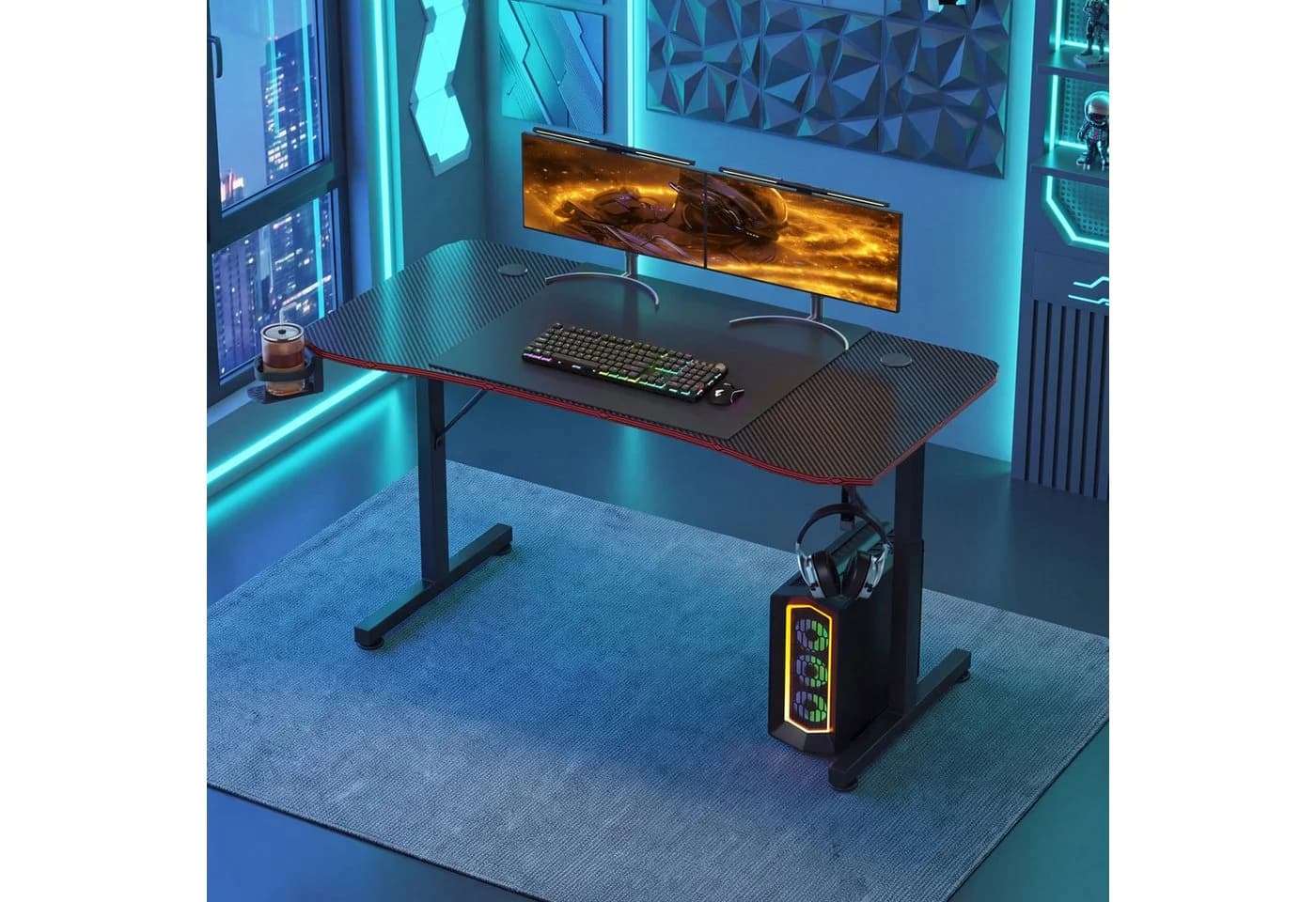 HOMALL Gamingtisch Schwarz Carbonfaser mit Kabelmanagement