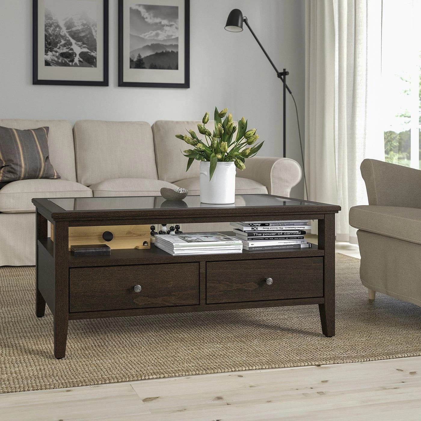 IKEA IDANÄS Couchtisch Dunkelbraun Glasplatte mit Schubladen