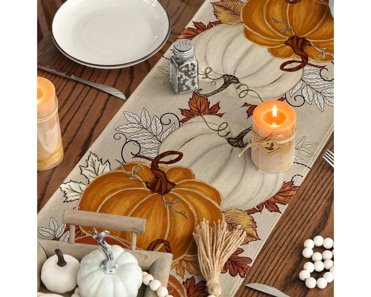Zyronn Tischläufer Herbstliches Design Kürbis Ahornblatt Polyester
