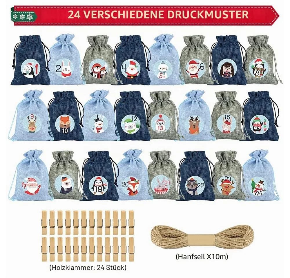 Bomiclss Adventskalender 24 Jutebeutel mit Druckdesign