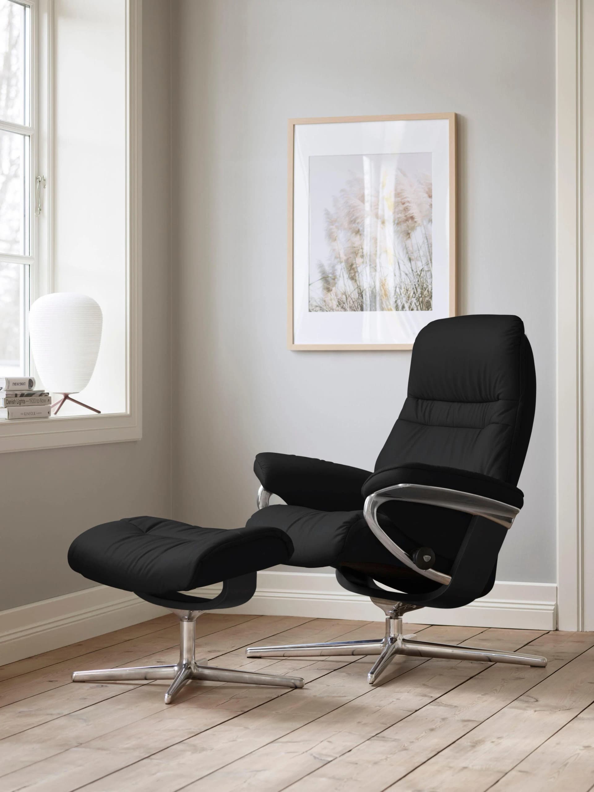 STRESSLESS Sunrise Fußhocker Schwarz BATICK Leder Cross Base
