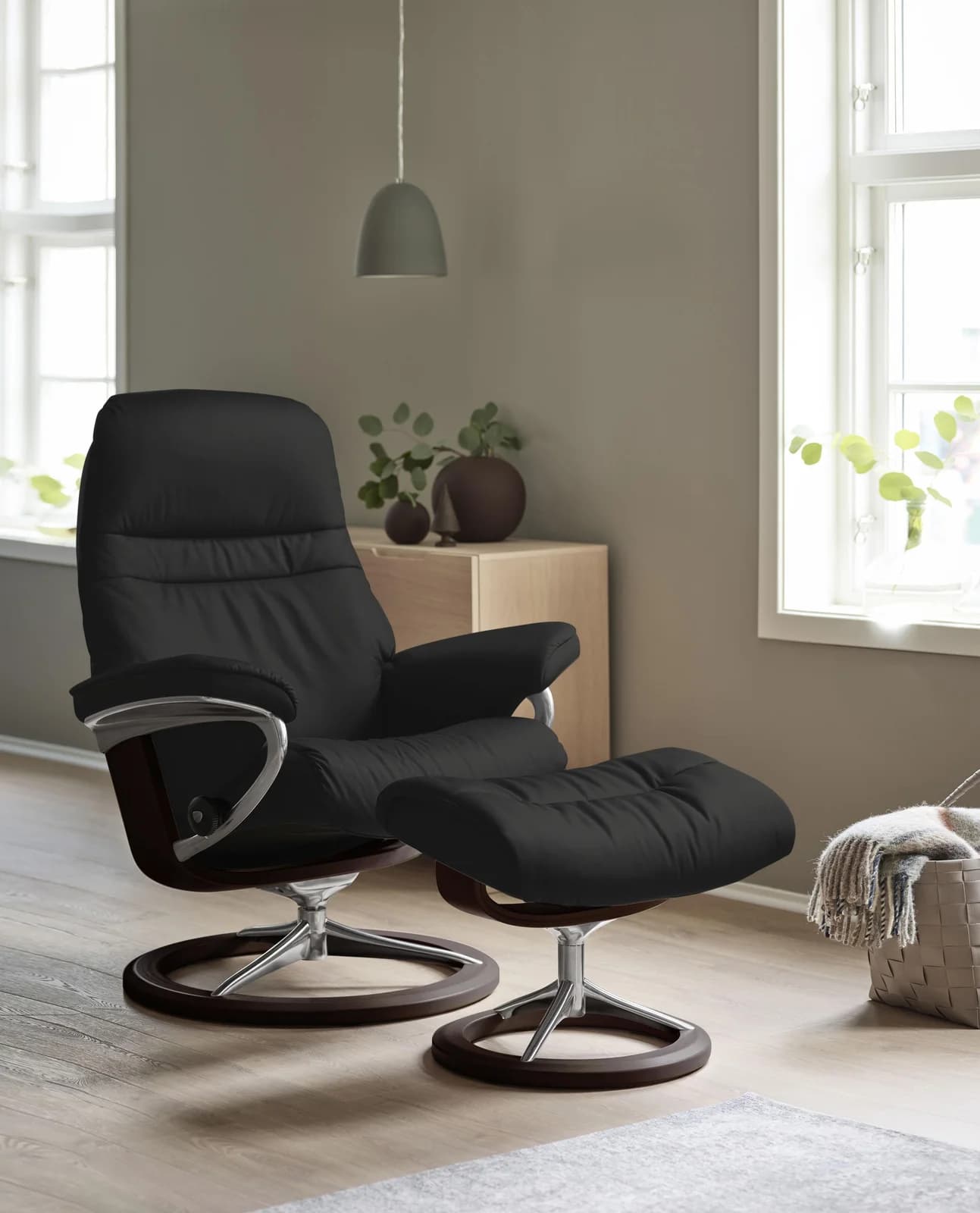STRESSLESS Relaxsessel Sunrise mit Hocker, Leder Schwarz, Signature Base