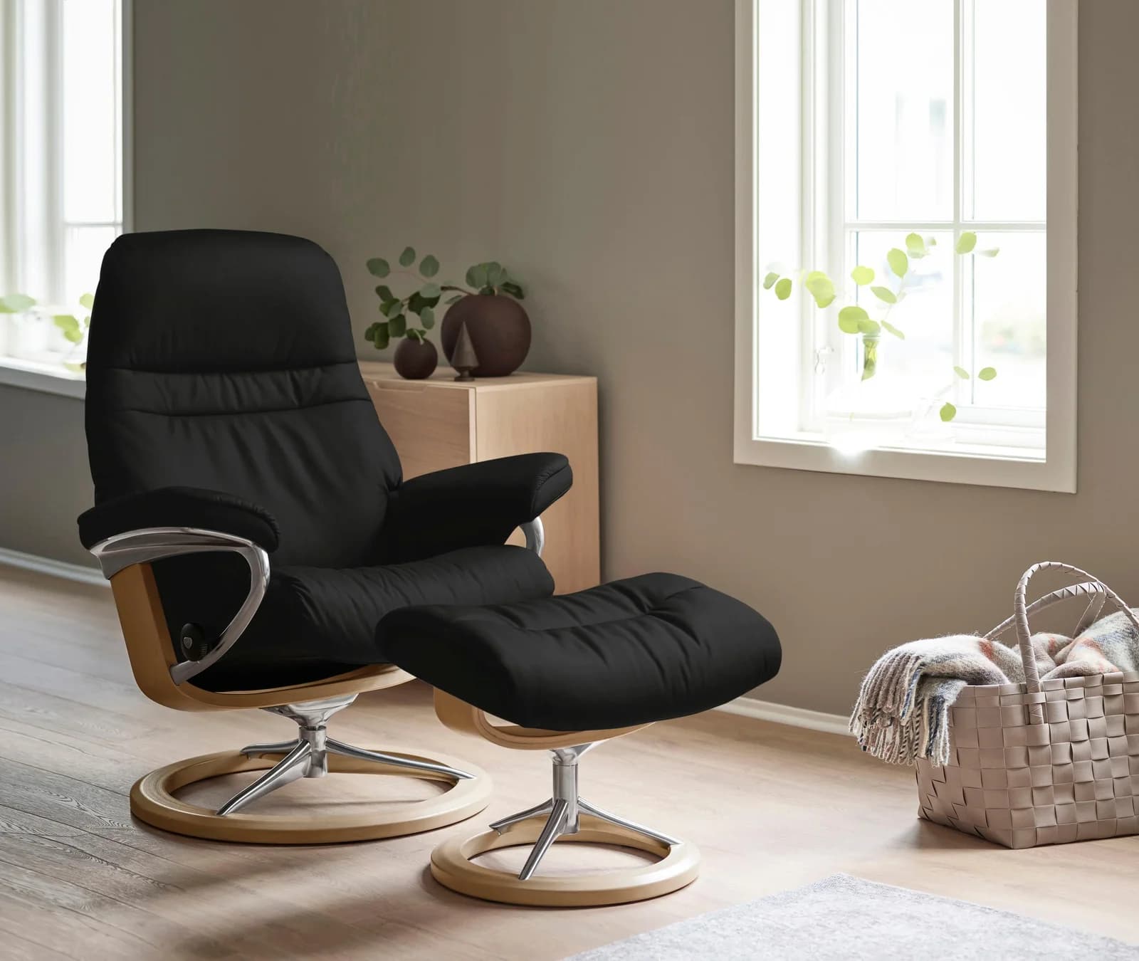 Stressless Sunrise Relaxsessel Schwarz Leder Batick Signature Base