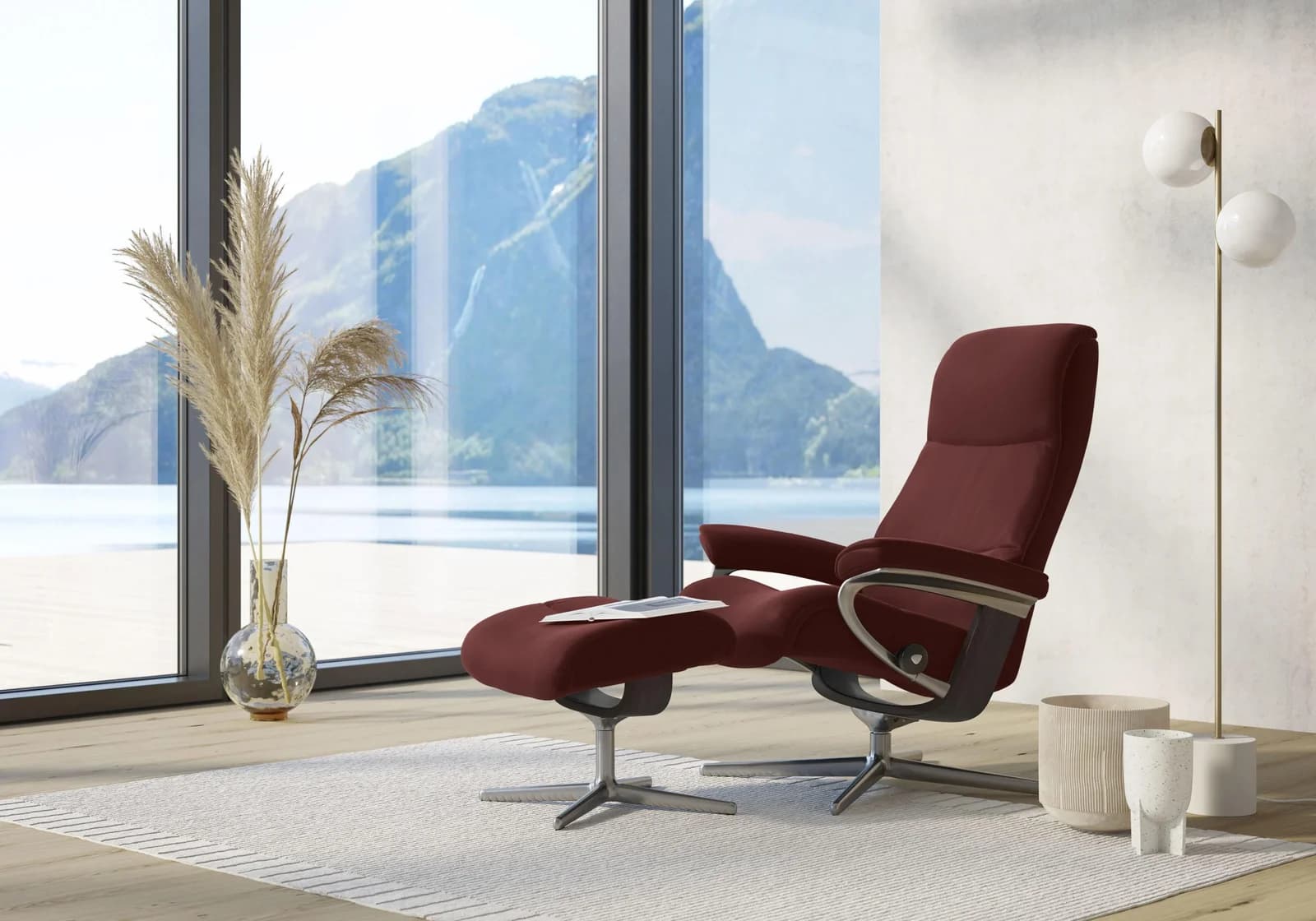 STRESSLESS View Relaxsessel rot mit Hocker und Cross Base