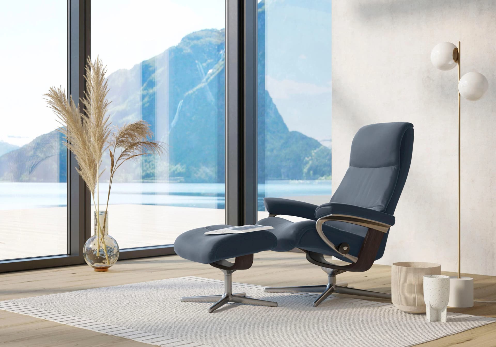 STRESSLESS Fußhocker View Blau PALOMA Leder Cross Base