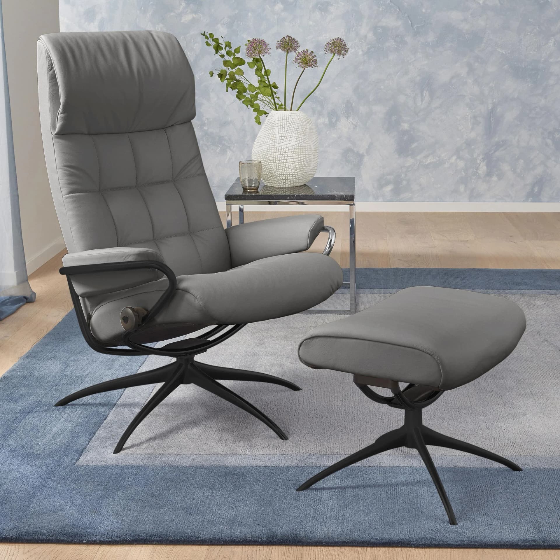 STRESSLESS London Relaxsessel Grau mit Hocker Leder BATICK