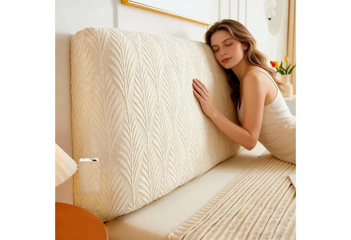 Zyronn Kopfteilbezug Beige Elastisch Waschbar Jacquard-Samt