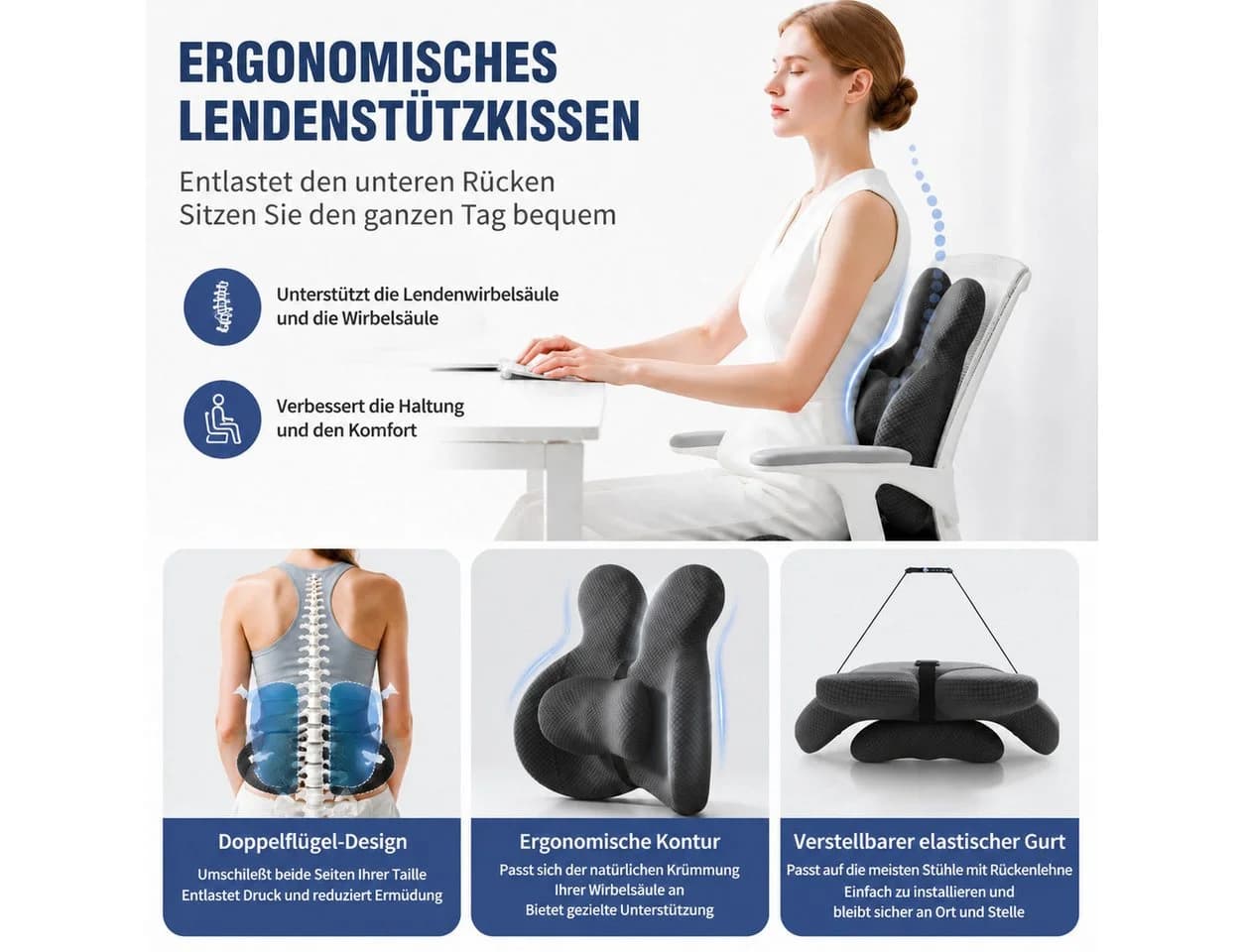 Diwzbyn Stuhlkissen Sitzkissen & Rückenstütze Set Memory Foam Grau