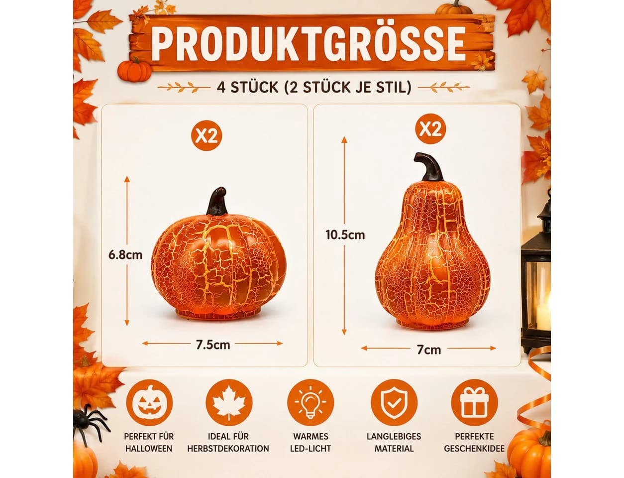 nsihing LED Kürbis Deko 4er Set Orange Crackle Vintage