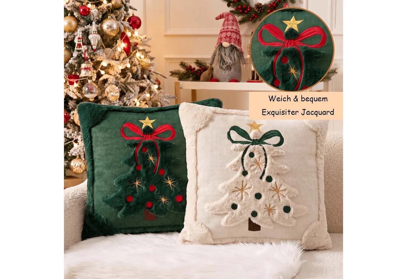 Sorvyzxn Kissenbezug 2er-Set 3D-Jacquard Weihnachtsbaum Grün