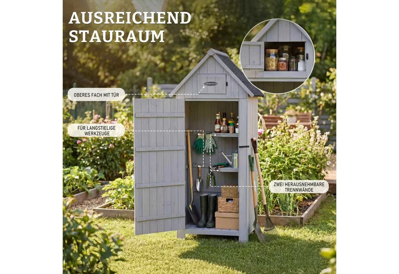 HOMAVO Gerätehaus Gartenschrank Tannenholz Grau mit 3 Böden
