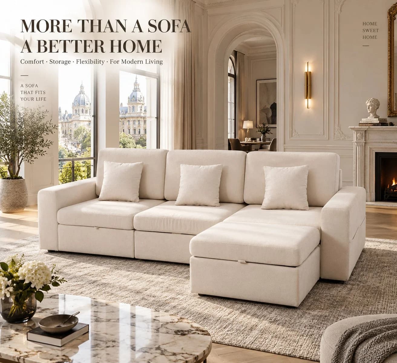 HOMAVO Ecksofa Schlafsofa Beige Chenille Modulsofa mit Stauraum