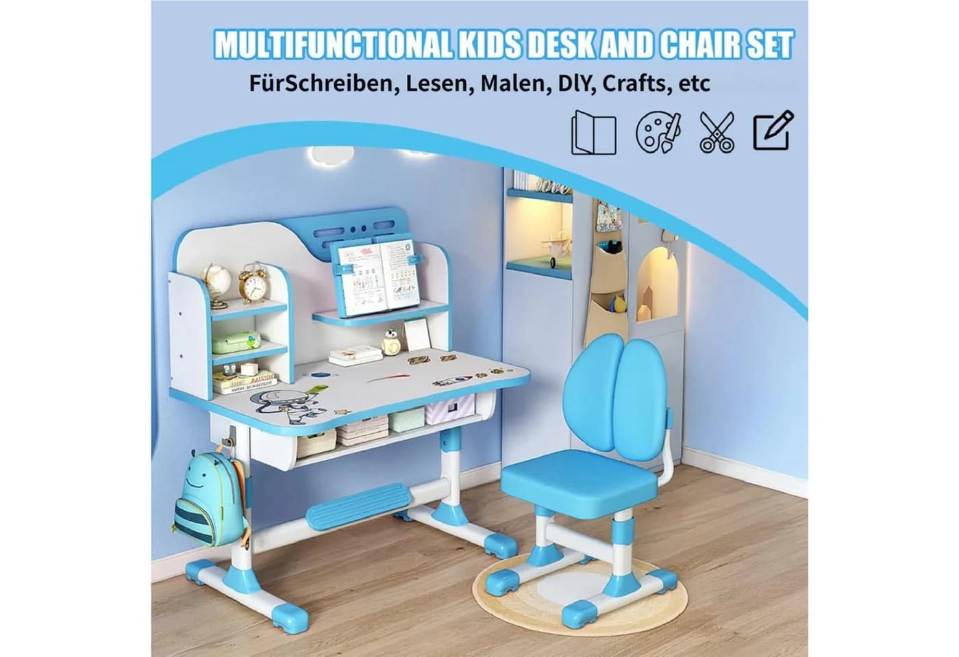 Rutaqian Kinderschreibtisch Kinderschreibtischstuhl Set für Kinder, höhenverstellbar 105 und 111 cm