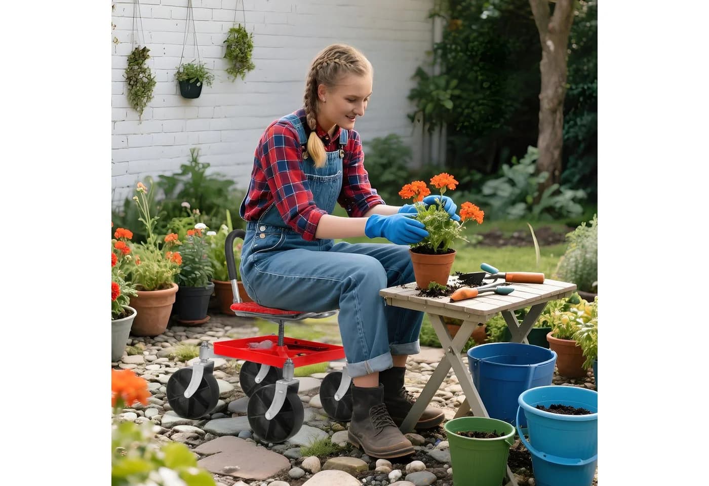 Rutaqian Rollsitz Fahrbarer Gartensitz mit Stauraum, Höhenverstellbar 51-61cm